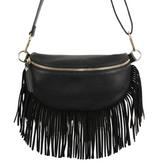 Sophia Black Half Moon Leather Crossbody Bag With Fringe Trim